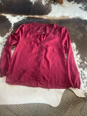 Charlotte Russe Wine Lace-Trim Long Sleeve Blouse